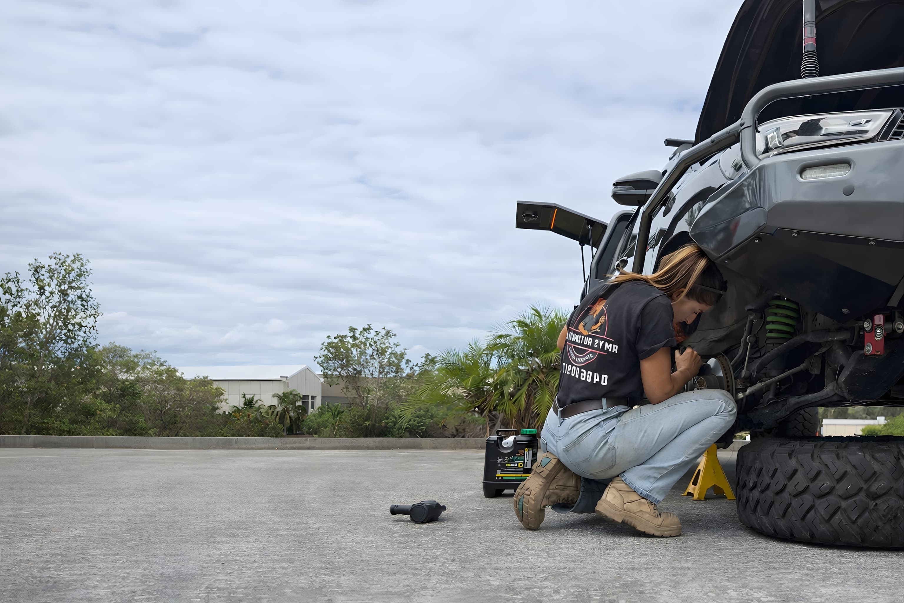Amy working underneath a vehicle in a driveway